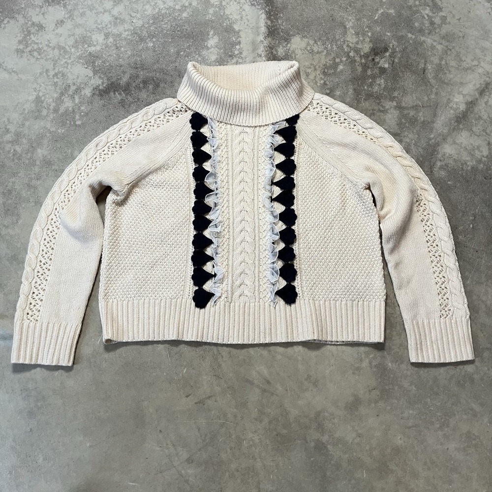J Crew Sweater Womens Sz M Cream Cable Knitβ Heather Muslin Embellished Ruffle